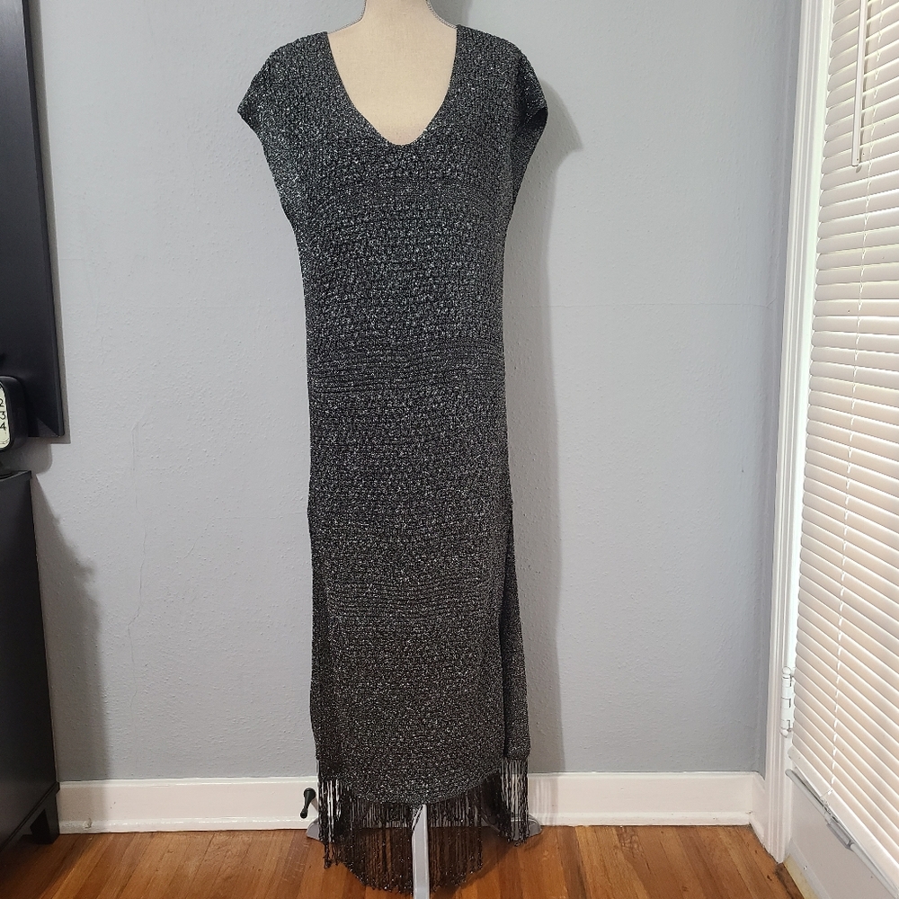 Zara Metallic Fringed Sleeveless‎ V-Neck Knit Tunic NWT Size Med